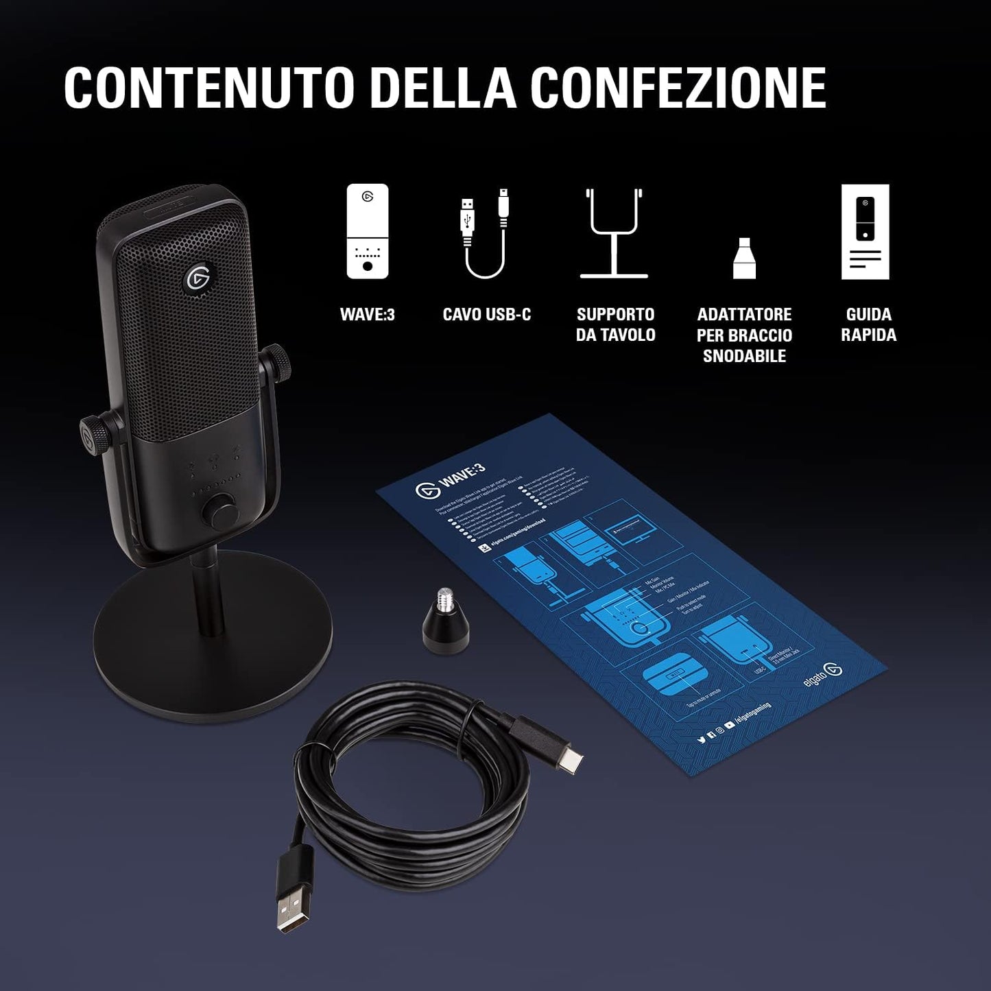 Elgato Wave:3 - Premium Studio Quality USB Condenser Microphone for Streaming, Podcast, Gaming and Home Office, Free Mixer Software, Sound Effect Plugins, Anti-Distortion, Plug ’n Play, for Mac, PC