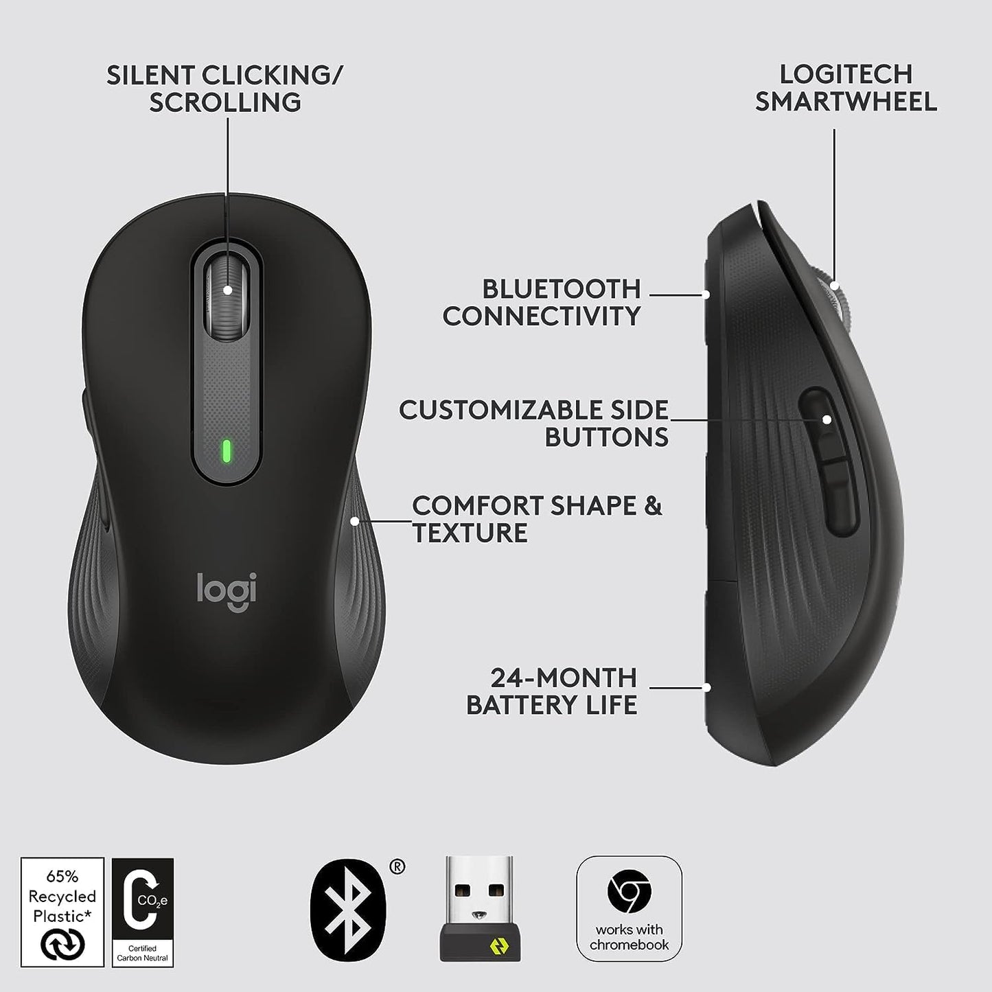Logitech Signature M650 Wireless Mouse- Black (Small to Medium Sized Hands)