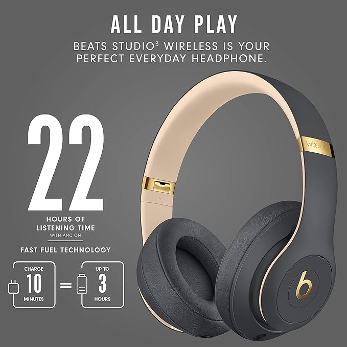 Beats Studio3 Wireless Noise Cancelling Over-Ear Headphones - Apple W1 Headphone Chip, Class 1 Bluetooth, 22 Hours of Listening Time, Built-in Microphone - Shadow Gray