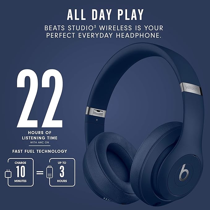 Beats Studio3 Wireless Noise Cancelling Over-Ear Headphones - Apple W1 Headphone Chip, Class 1 Bluetooth, 22 Hours of Listening Time, Built-in Microphone - Blue