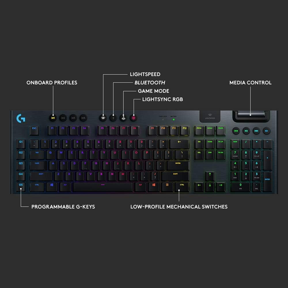 Logitech G915 LIGHTSPEED Wireless RGB Mechanical Gaming Keyboard Clicky, Pro-Grade Wireless, Low Profile Mechanical Switches, 22MM Ultra-Thin Design, Black