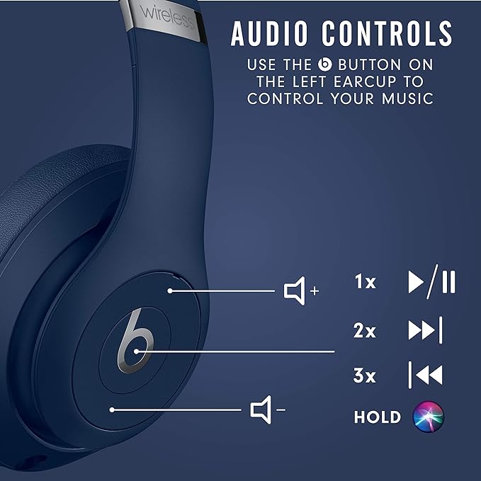 Beats Studio3 Wireless Noise Cancelling Over-Ear Headphones - Apple W1 Headphone Chip, Class 1 Bluetooth, 22 Hours of Listening Time, Built-in Microphone - Blue