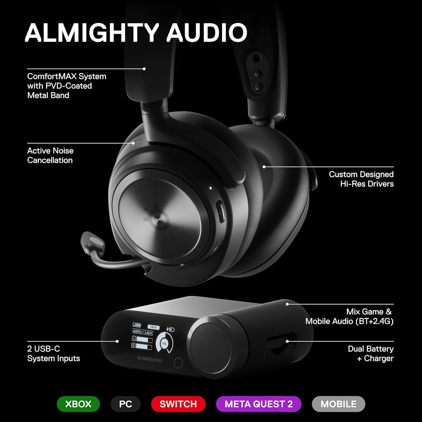 SteelSeries Arctis Nova Pro Wireless Xbox Multi-System Gaming Headset - Premium Hi-Fi Drivers - Active Noise Cancellation Infinity Power System - Stealth Mic - Xbox, Switch, Mobile