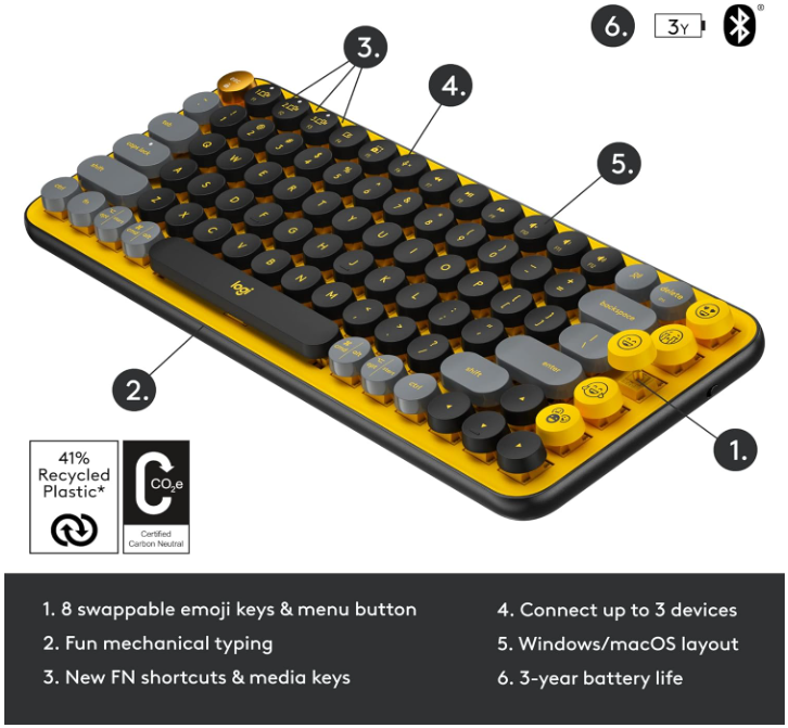 Logitech POP Keys Mechanical Wireless Keyboard with Customizable Emoji , Durable Compact Design, Bluetooth or USB Connectivity, Multi-Device, OS Compatible - Blast Yellow