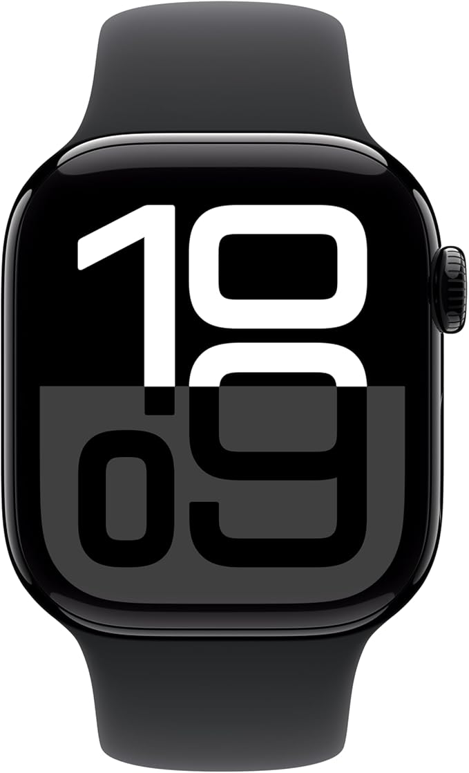 Apple Watch Series 10 [GPS or Cell 42mm-46MM case] Smartwatch with Jet Black Aluminium Case with Black Sport Band . Fitness Tracker, ECG App, Always-On Retina Display, Water Resistant