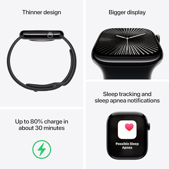 Apple Watch Series 10 [GPS or Cell 42mm-46MM case] Smartwatch with Jet Black Aluminium Case with Black Sport Band . Fitness Tracker, ECG App, Always-On Retina Display, Water Resistant