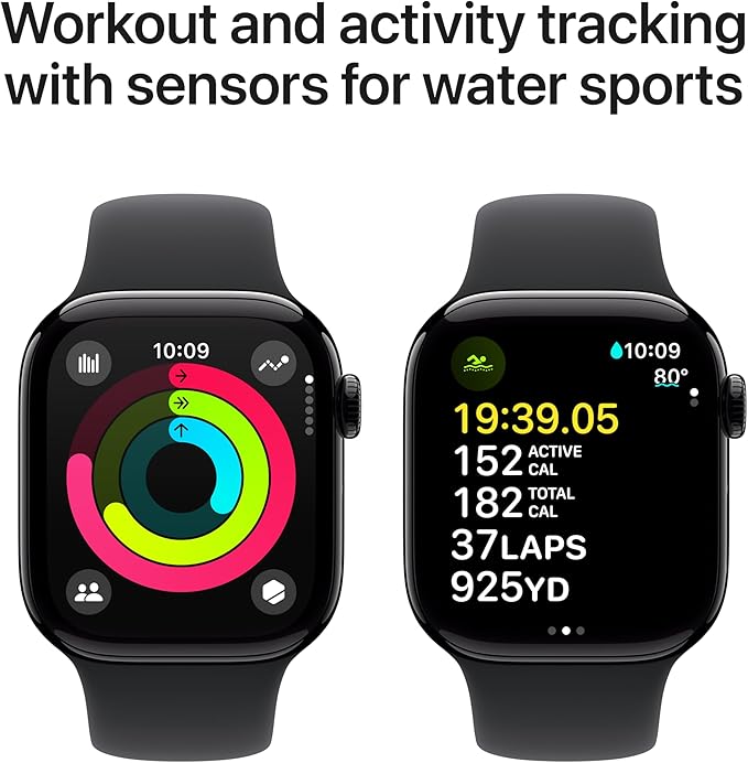 Apple Watch Series 10 [GPS or Cell 42mm-46MM case] Smartwatch with Jet Black Aluminium Case with Black Sport Band . Fitness Tracker, ECG App, Always-On Retina Display, Water Resistant